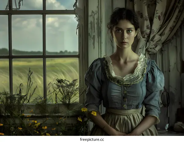 portrait of a young woman in a blue dress standing in front of a window