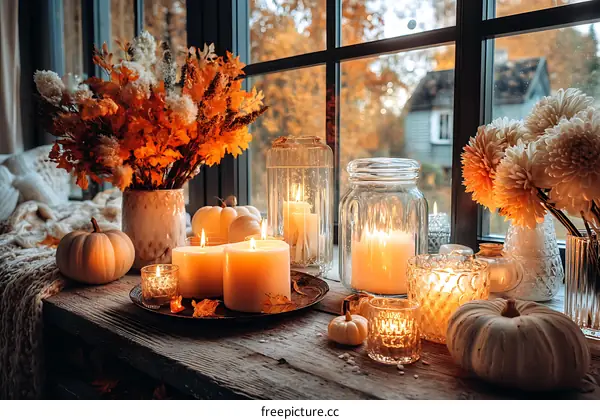 Autumn Windowsill Decor with Candles and Pumpkins