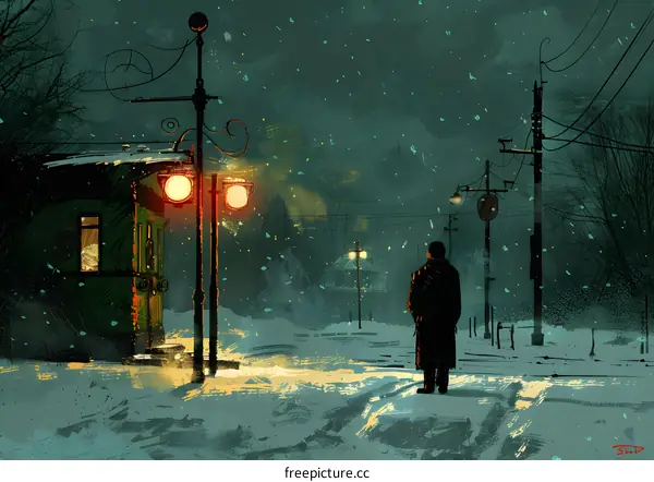 A man is waiting for a train in a snowy night