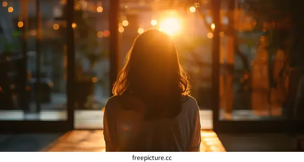 Woman Standing in Front of Window with Sunset in the Background