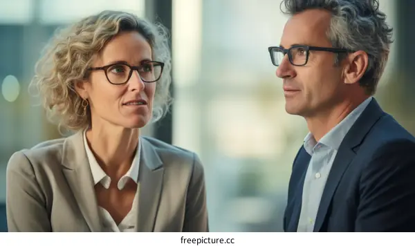 Business conversation between a man and a woman