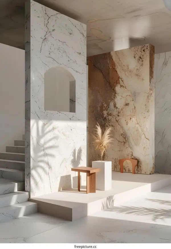 Modern Minimalist Interior Design With Marble Walls And Wooden Furniture