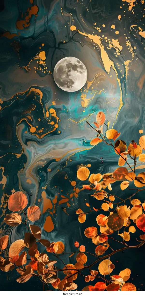 Abstract Art of Moon and Leaves in Golden Paint