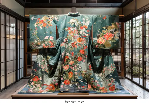 A kimono with a floral pattern displayed in a traditional Japanese room