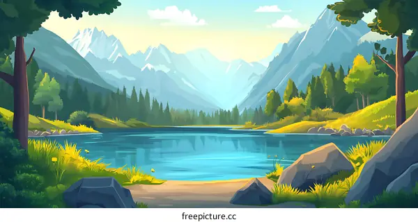 Mountain Lake Landscape Illustration