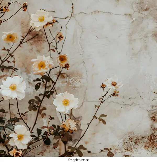 White Flowers Growing on a Wall