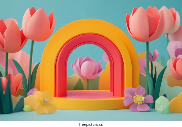 Colorful Rainbow Arch with Flowers and 3D Illustration Background