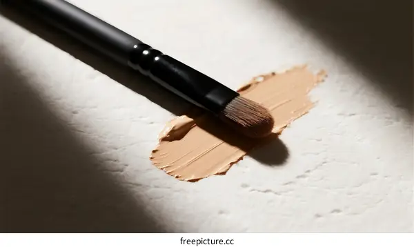 A close-up view of a makeup brush with foundation on a white surface
