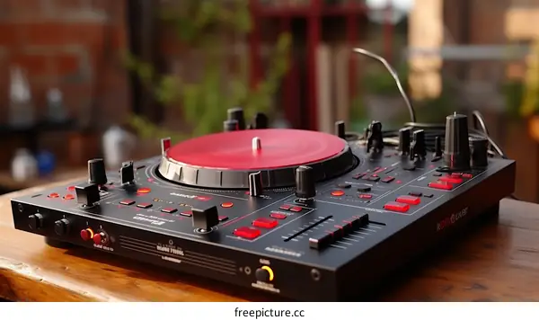 Black and red DJ controller on a wooden table