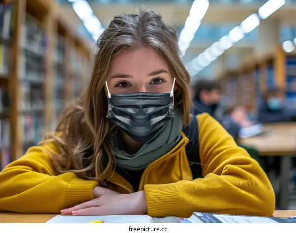Young woman wearing a mask in a library