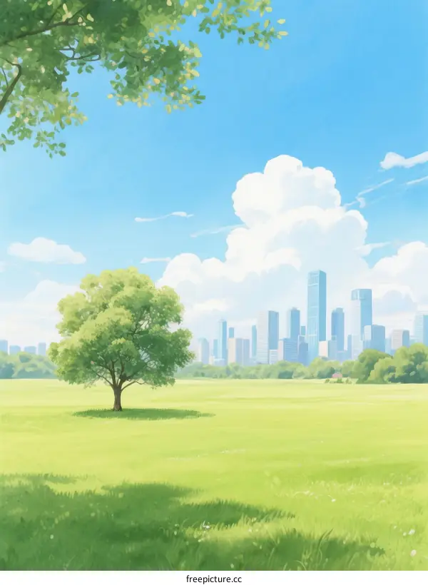 Lush Green Meadow with Single Tree Under Blue Sky and City