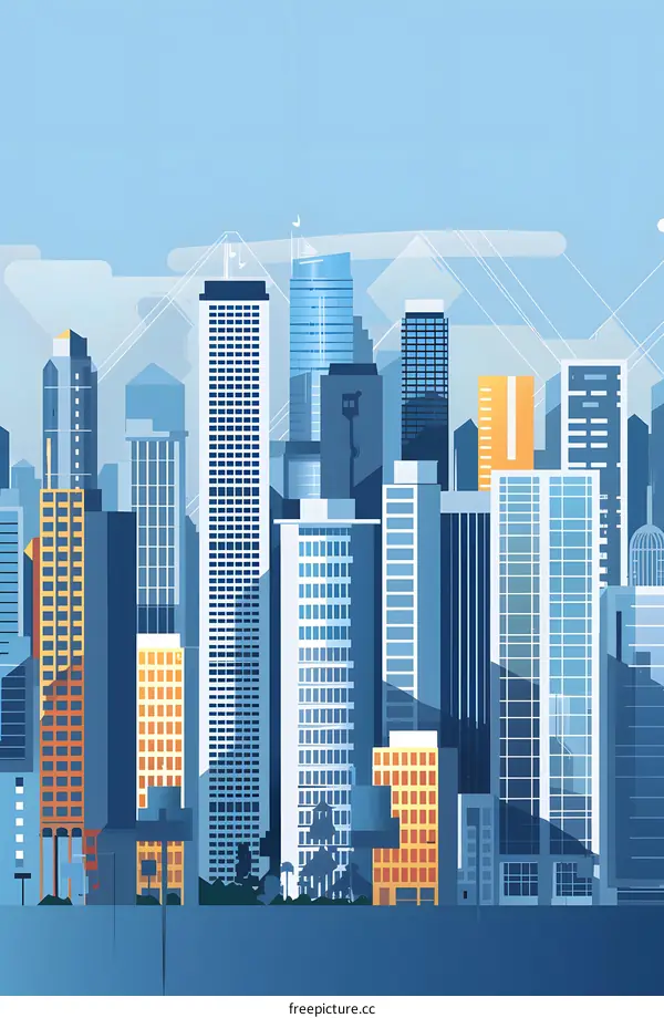 Modern City Skyline Illustration with Blue and Orange Buildings