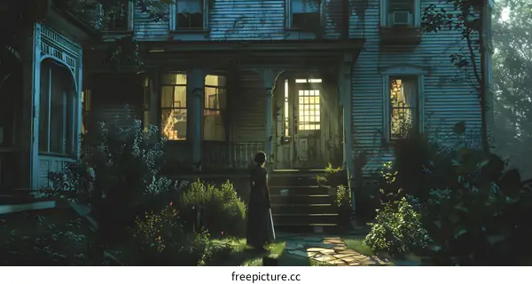 A girl standing alone in front of a haunted house