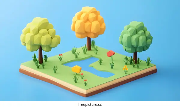 Low Poly Illustration of a Green, Yellow and Orange Tree with a Pond on a Blue Background