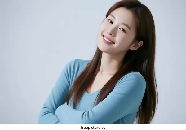 A young woman with long hair wearing a blue top and smiling