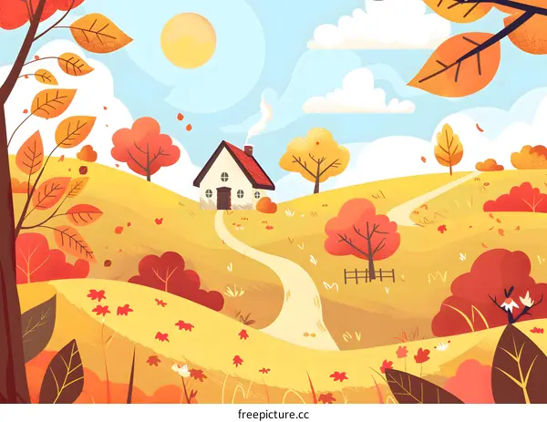 Autumn Landscape Illustration With Small House