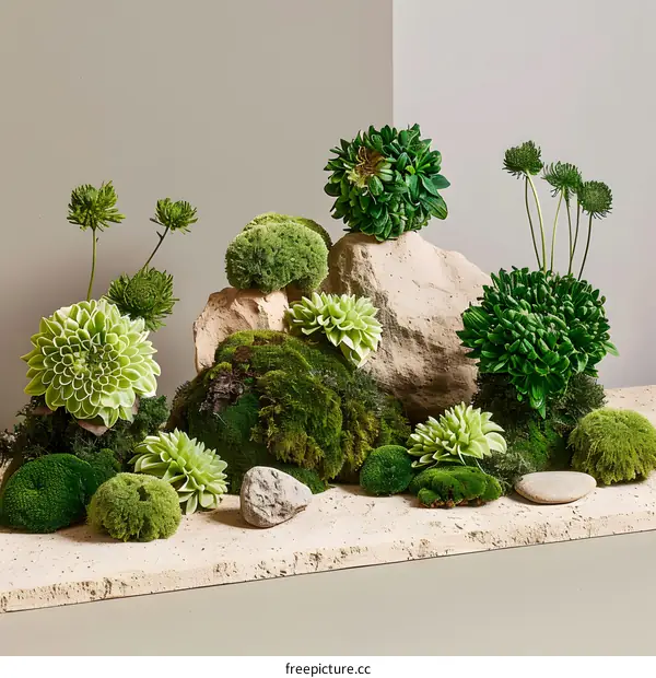 Green Plants and Rocks Arrangement on Sand