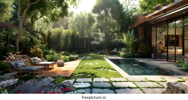 A modern house with a swimming pool in a lush garden