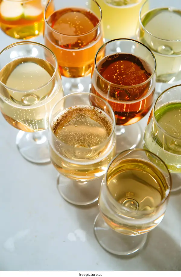 Assortment of Different Flavored Apple Ciders in Glasses
