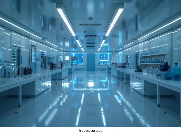 A Laboratory with Blue Lights on a Shiny Floor