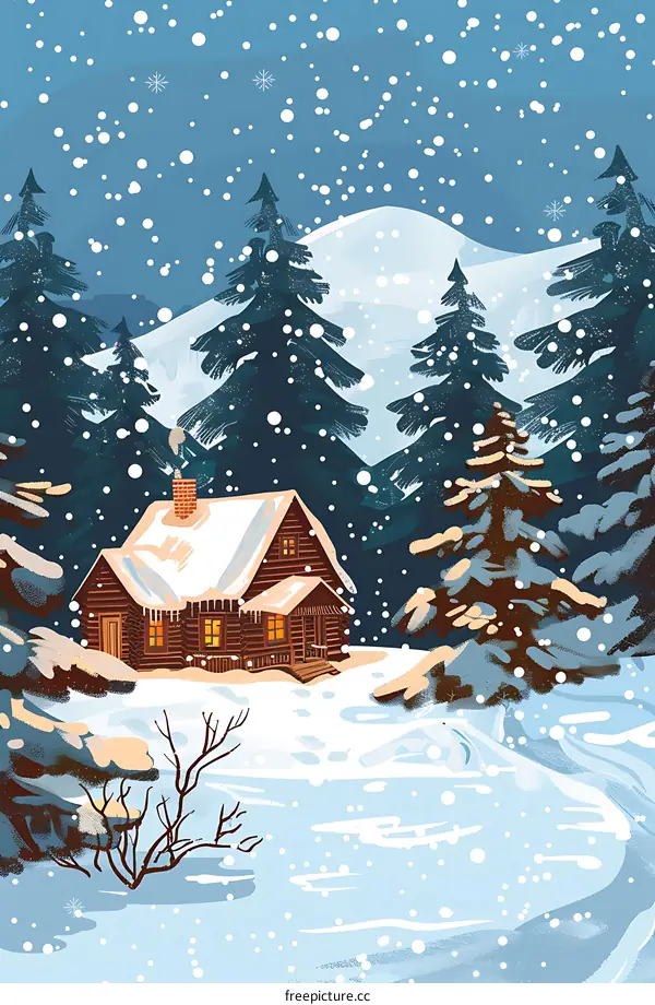 Winter Cabin in the Forest with Snow Falling