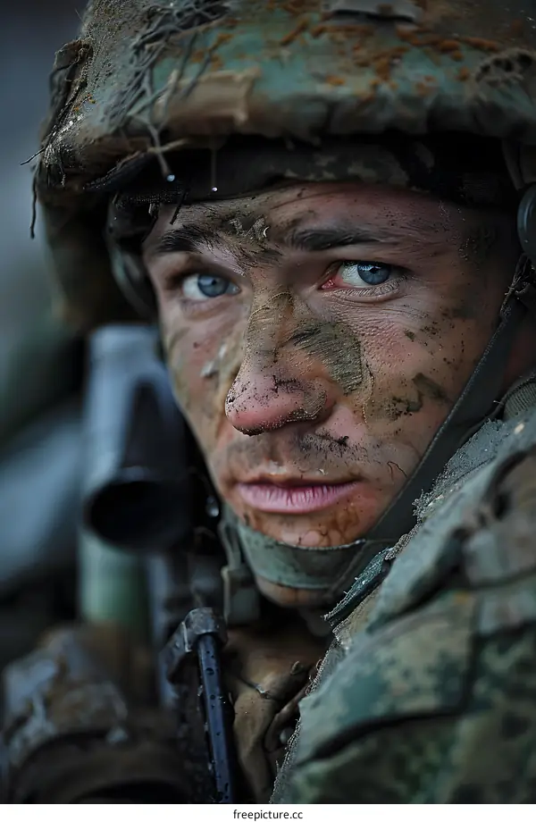 Portrait of a soldier with mud on his face