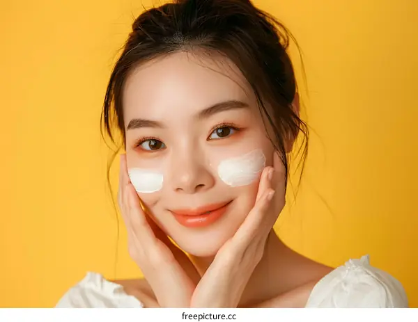 Smiling Asian Woman Applying Face Cream on Yellow Background
