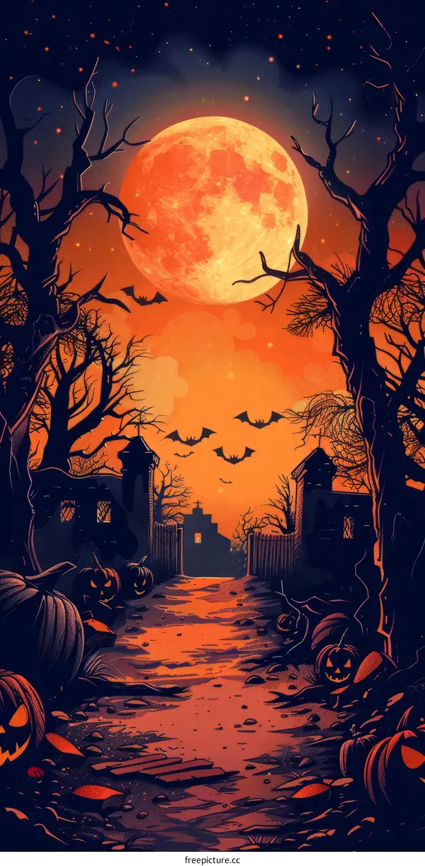 Illustration of a haunted house with a large orange moon in the background
