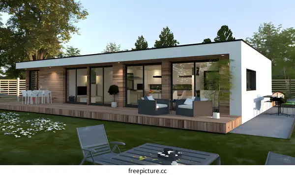 Modern House with a Wooden Deck and a Green Lawn