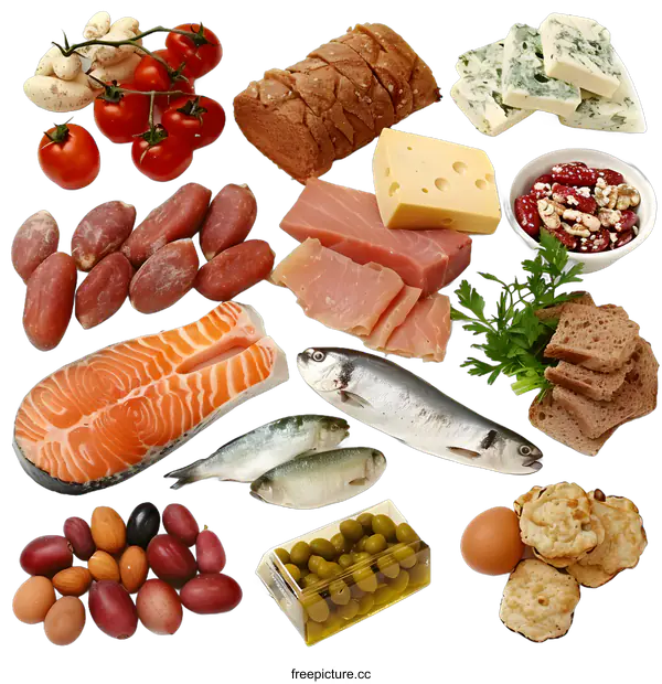[Transparent Background PNG]Healthy Food Ingredients Collection with Salmon, Tuna, Eggs, Bread, and More
