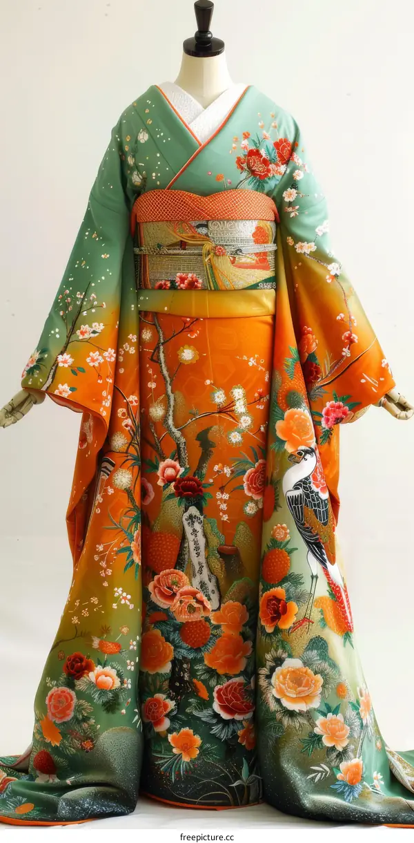 A kimono with a pattern of flowers and birds