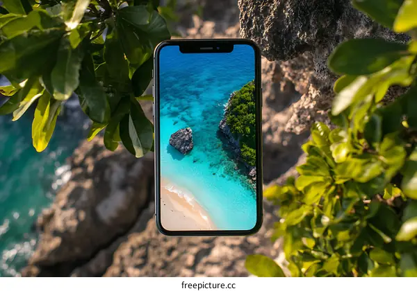 Smartphone Displaying Beach and Ocean View