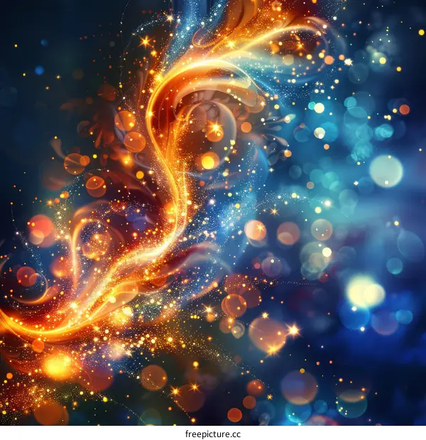 Blue and Orange Luminous Fire Waves with Glowing Particles on Dark Background