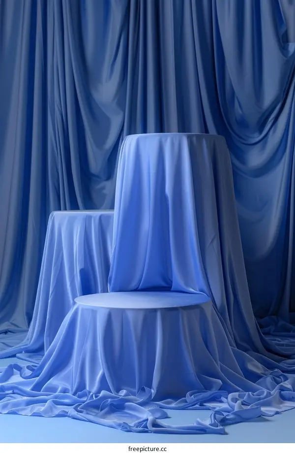 Blue silk draped over podiums against matching backdrop