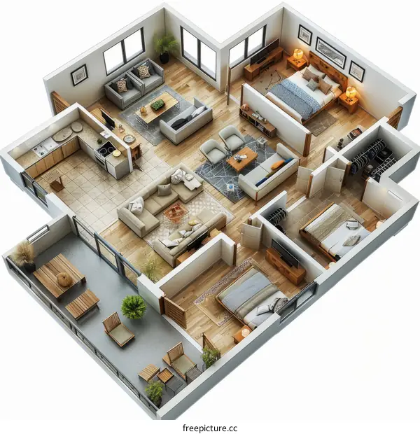 Modern 3D house interior design with open floor plan