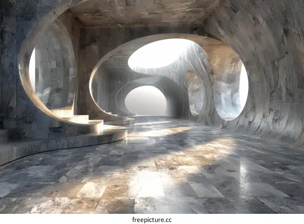 Futuristic concrete interior with smooth curved walls and indirect lighting