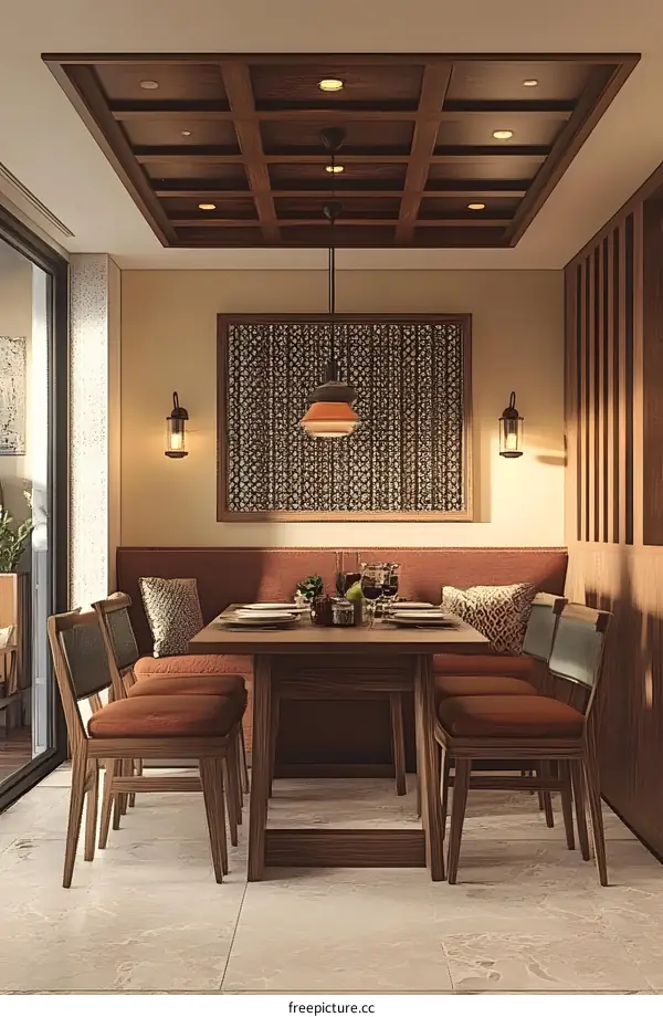 Modern Dining Room with Wooden Ceiling and Table