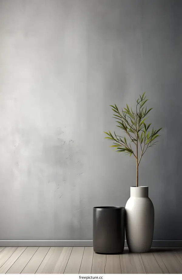A gray wall with a plant in a vase