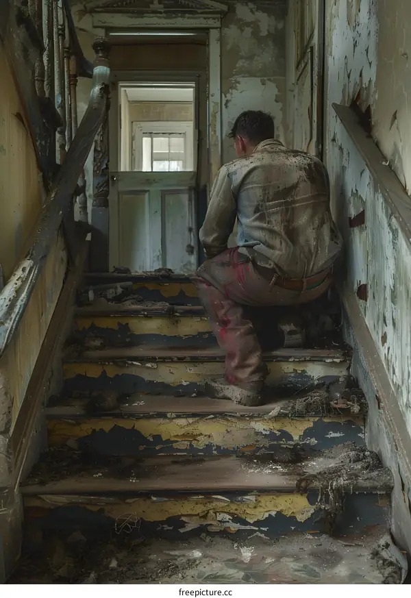 Man in Blue Jeans and Red Pants Crouching on Stairs