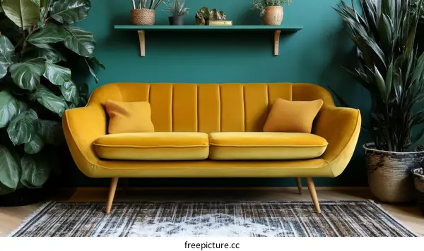 Mustard Yellow Velvet Sofa in Teal Room