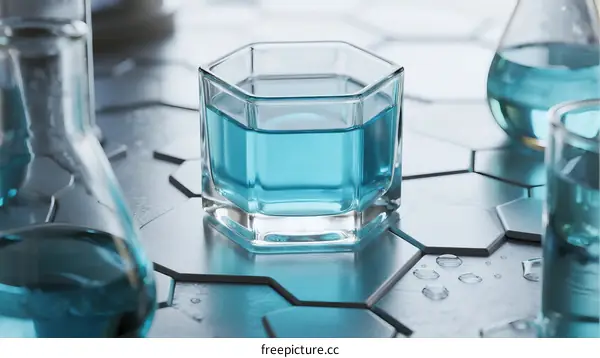 Blue Chemical Solutions in Glass Containers on Hexagon Surface