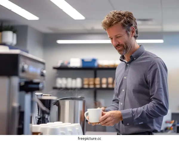 A man is holding a coffee cup in the office