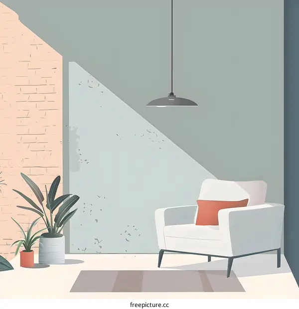Minimalist Living Room with White Armchair and Hanging Light