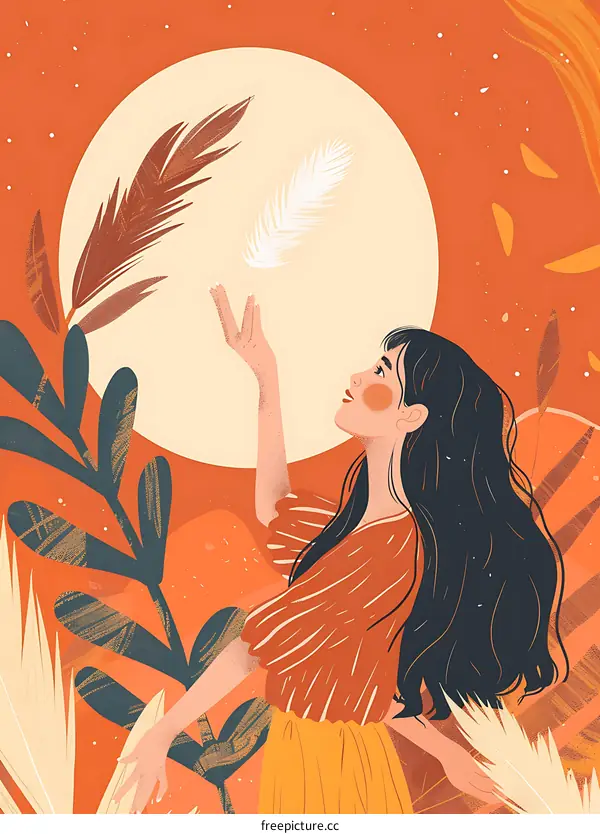 Woman with Long Hair in a Garden Holding a Feather