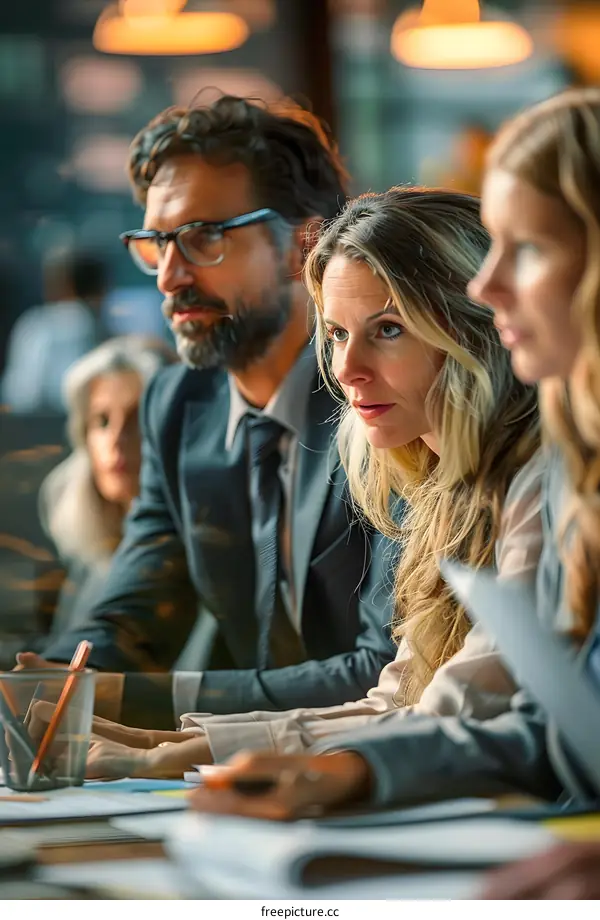 A group of people are sitting around a table having a meeting