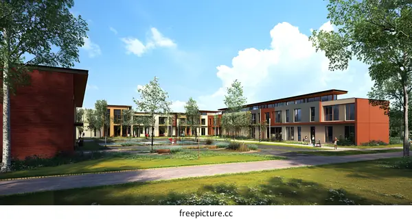 Modern Residential Building Complex with Green Landscaping