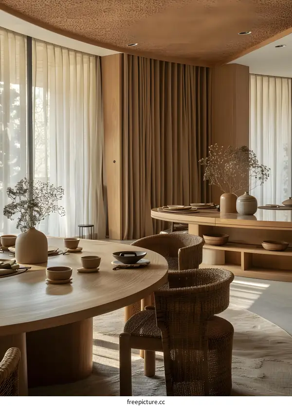 Modern Minimalist Interior Design Dining Room With Wooden Table And Chairs