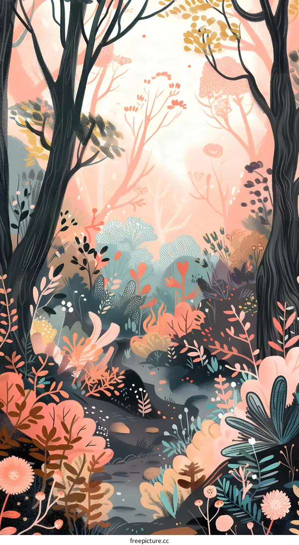 Abstract Forest Landscape Illustration With Pink And Blue Tones