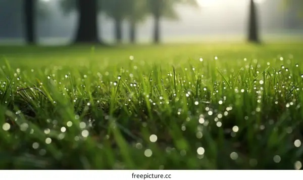 Close-up of green grass with dew drops in the morning sun