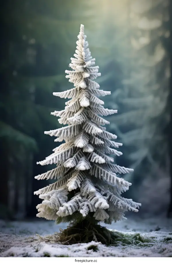 A snow-covered fir tree stands in a winter forest